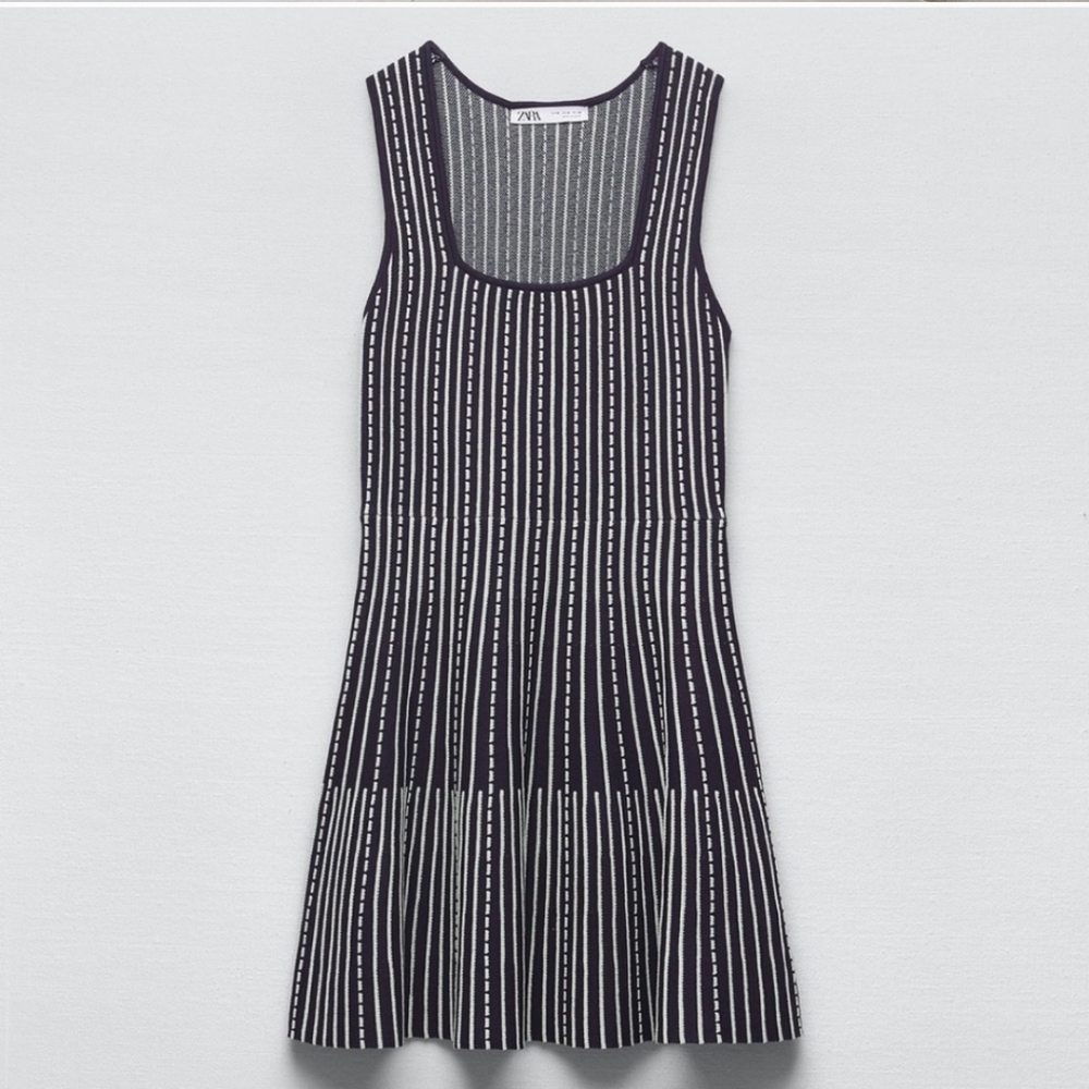 NWT Zara Navy & White Striped Fit & Flare Skater Mini Dress - Small - Picture 6 of 13